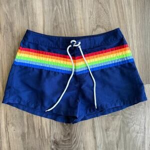 Vintage 1980s Rainbow Swim Trunks Men's Size 28" Waist 2" Inseam Blue RARE
